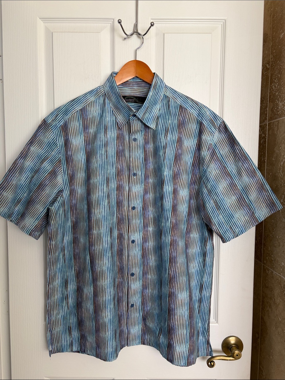 Jhane Barnes Short Sleeve Button-Up Shirt in Blue Brown Stripe